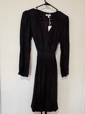 NWT Rebecca Taylor Silk Heart print Black Long-Sleeve V-Neck belted-Waist Dress